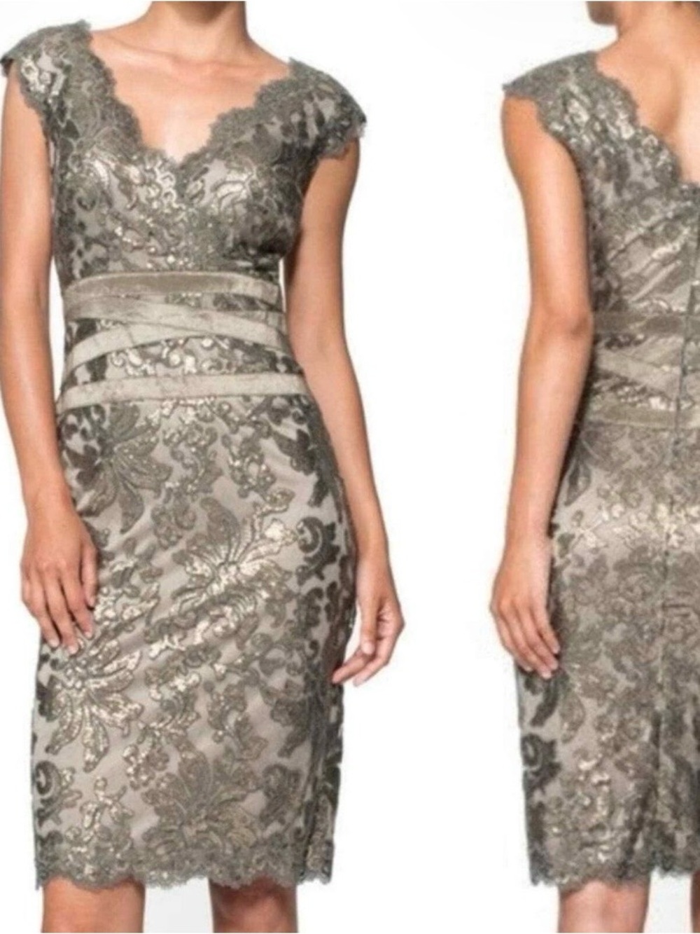 Tadashi Shoji Lace Midi Dress in Taupe Gray